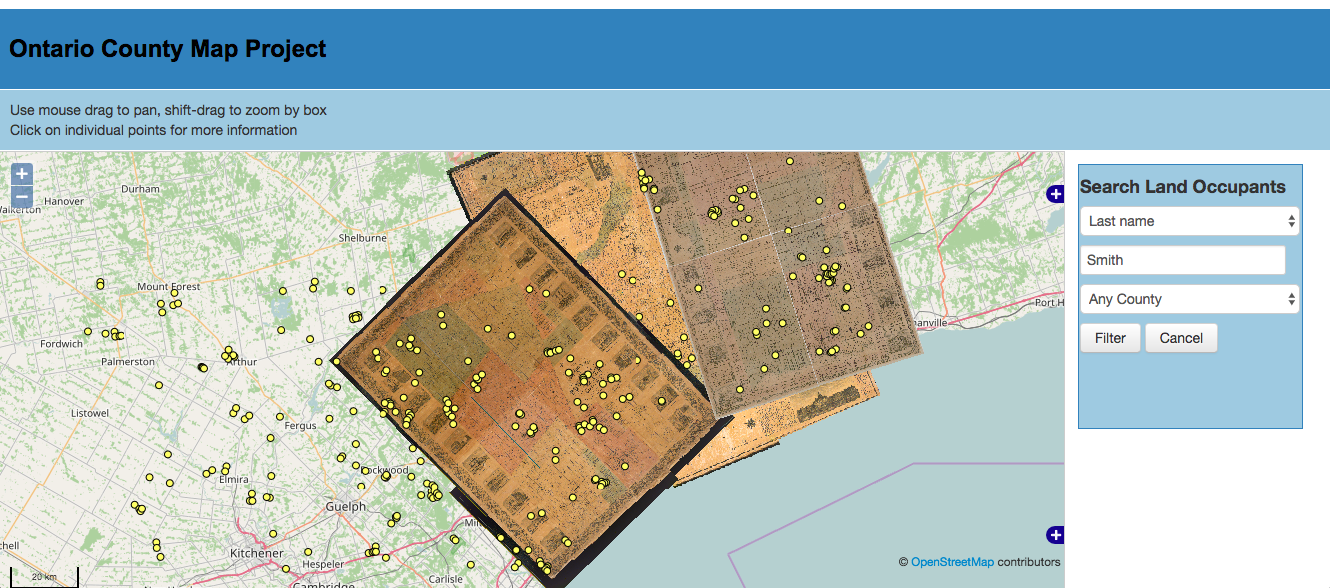 Openlayers-Mapserver-PostGIS rendition of the Ontario Historical County Map Project