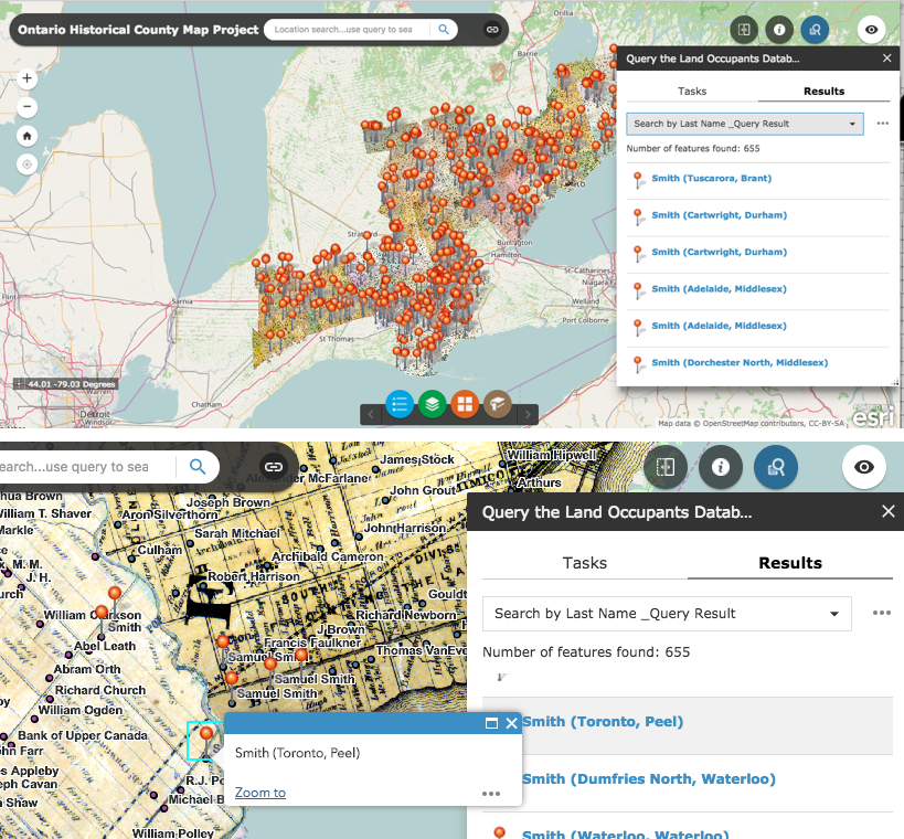 ArcGIS Online version of the Ontario Historical County Map Project with Querying tool display