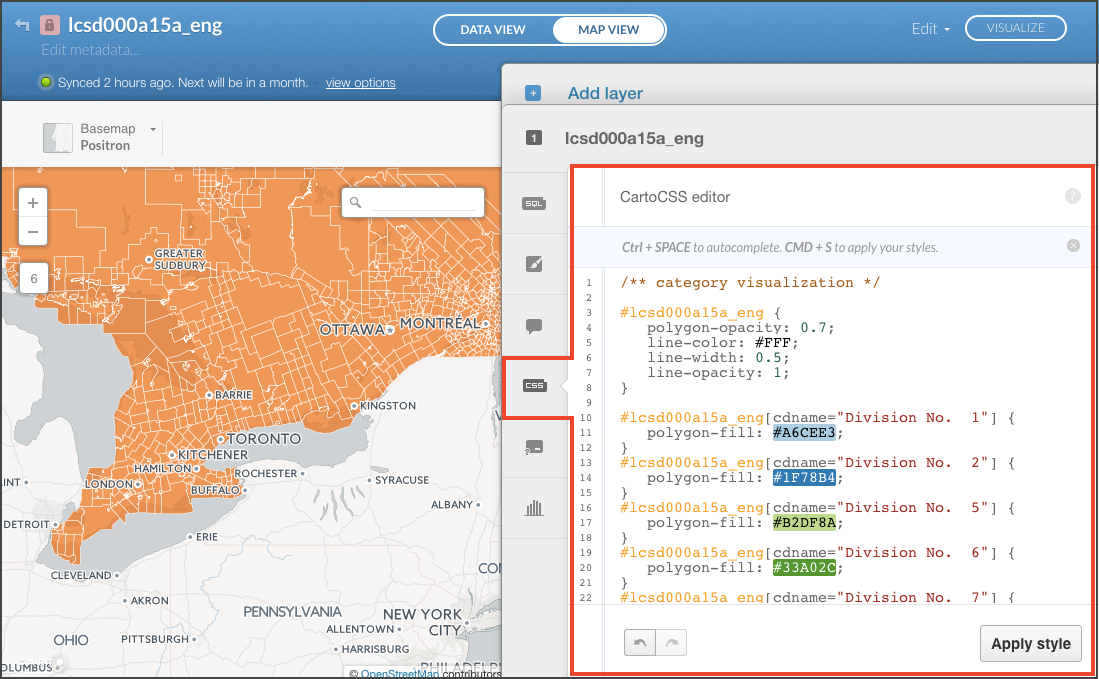 Carto graphic interface for editing layer graphics using CartoCSS (one of several methods)