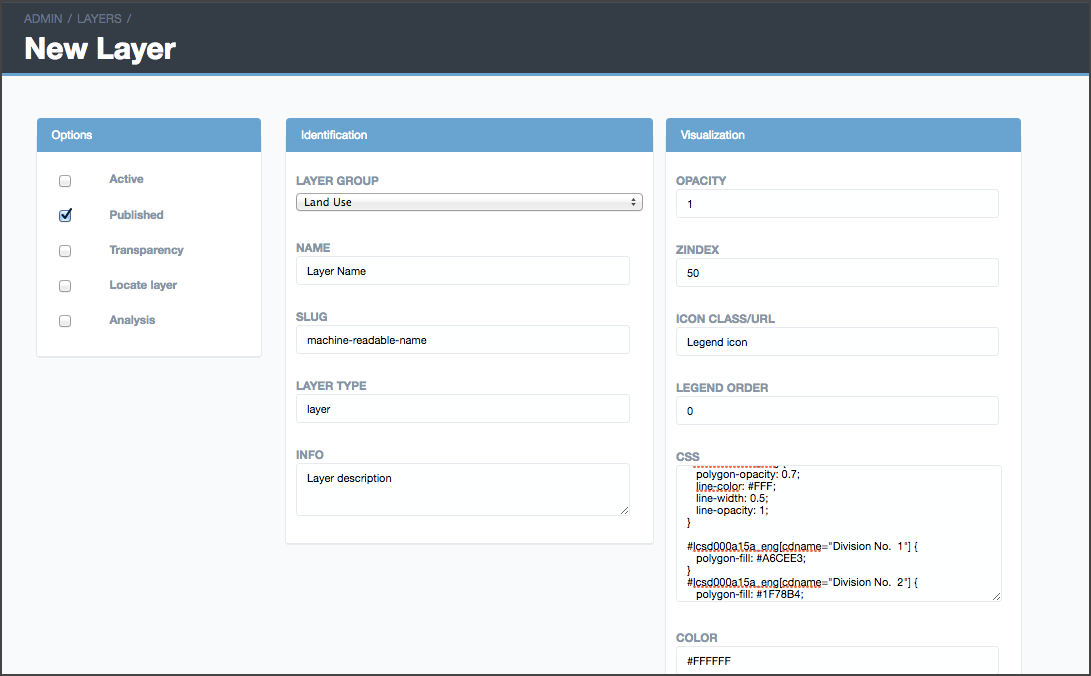 Neptis Geoweb custom administrative interface - form for New Layer