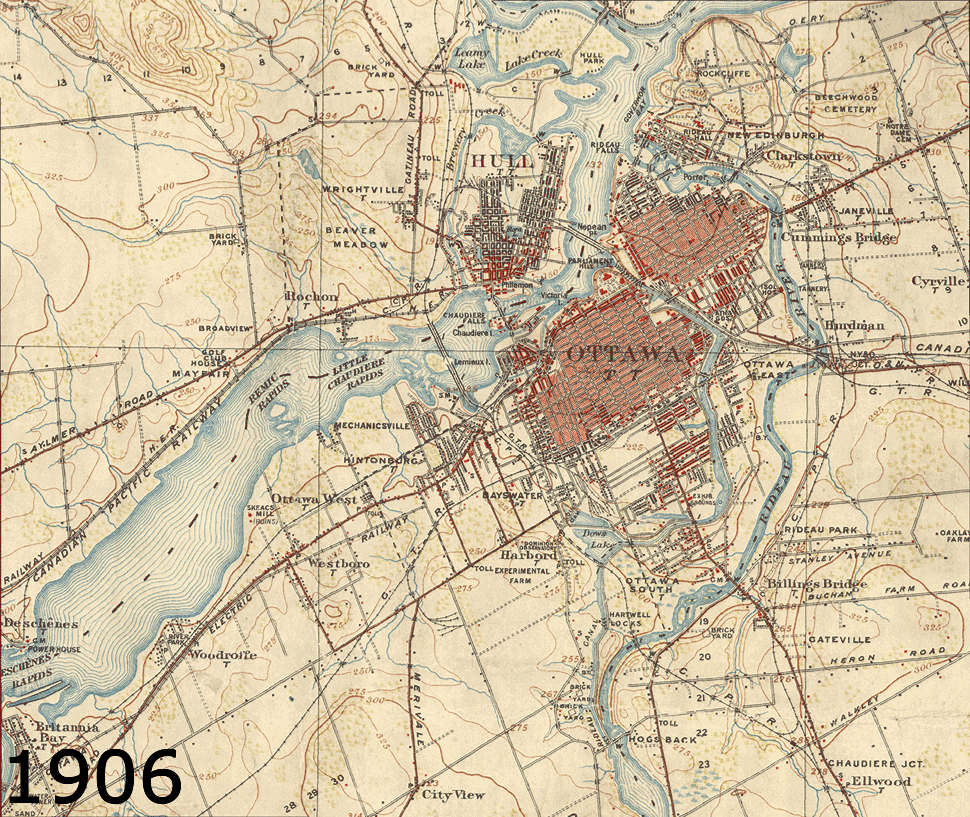 Gif showing maps of downtown Ottawa between 1906 and 1948, demonstrating urban growth.