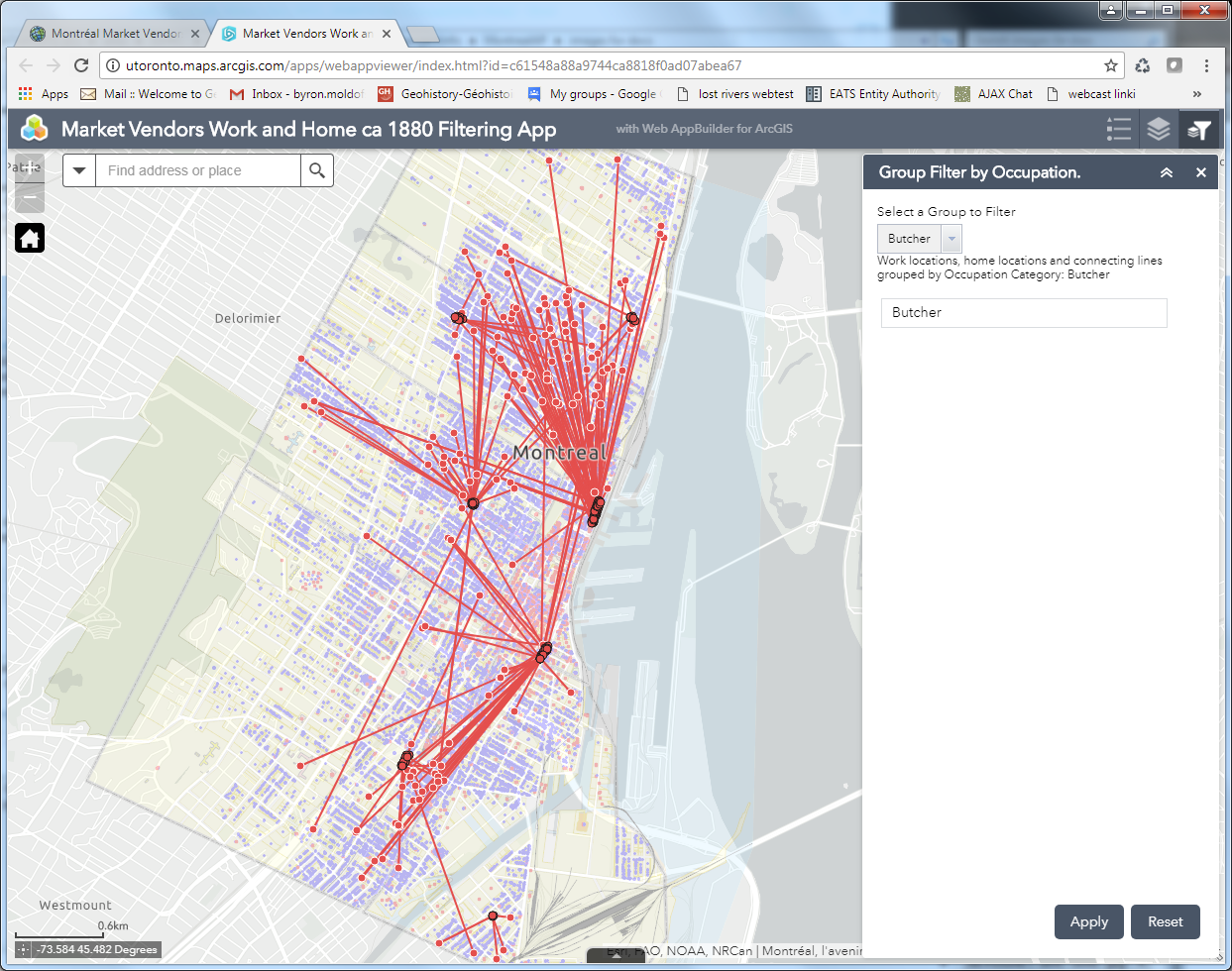 ArcGIS Online App filtered to show points and connections only for "Butchers"